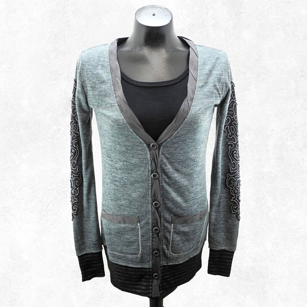 Miss Me Grey Women's Size S Cardigan Sweater Black Knit Rhinestone Bling